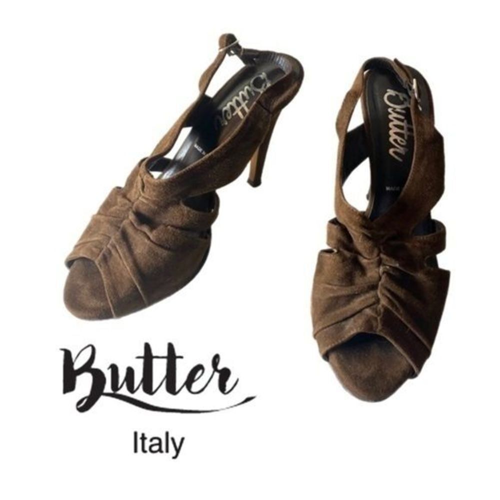 Butter Handmade in Italy Brown Suede Leather Peep Toe Sling Back Heels Sz 6.5